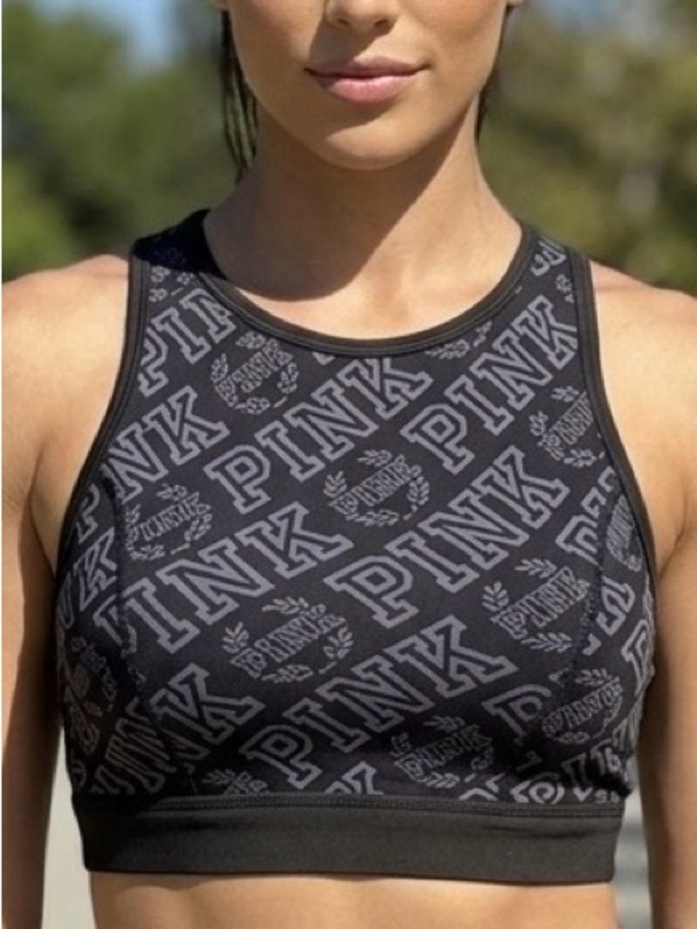 PINK Victoria Secret Reversible High Neck Sports Bra Black Grey Logo Racerback S